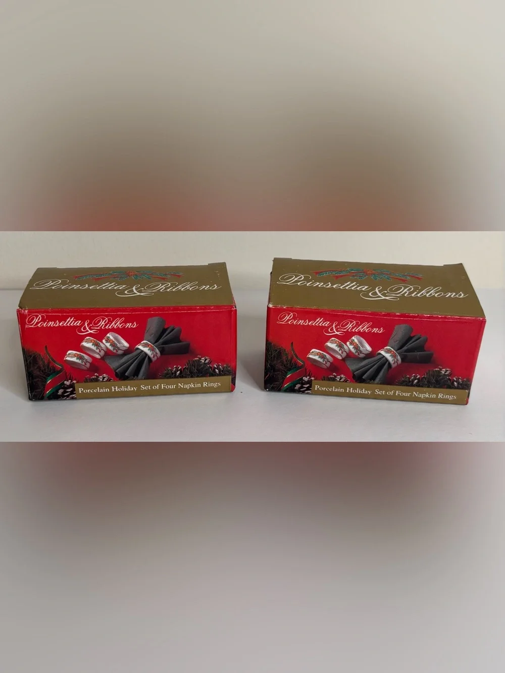 HOLIDAY POINSETTIAS IN RIBBON NAPKIN RINGS (VINTAGE SET OF 8)
